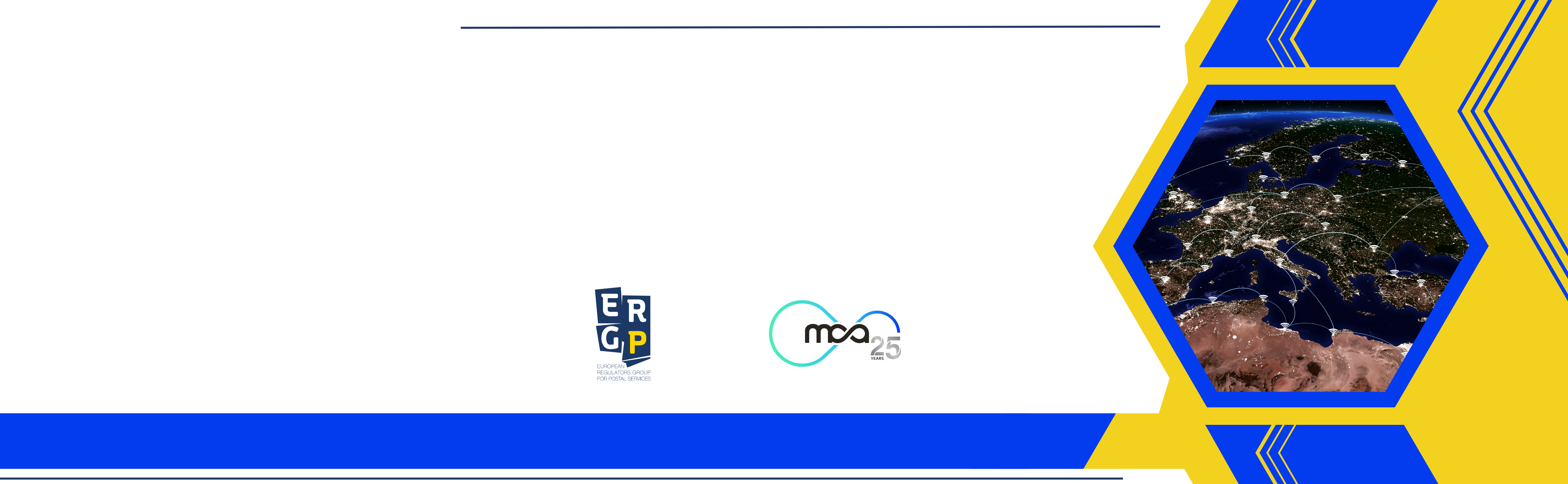 Blue and yellow design over a white background with an image of the world map to the right.