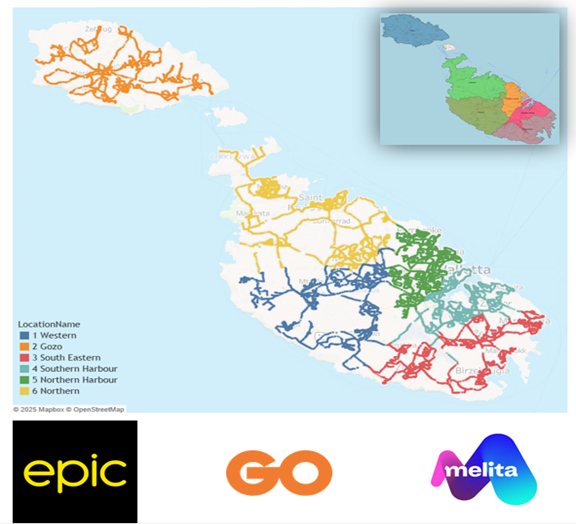 A map of Malta and Gozo divided into regions with the logos for the telecoms companies Epic, GO and Melita shown below the map