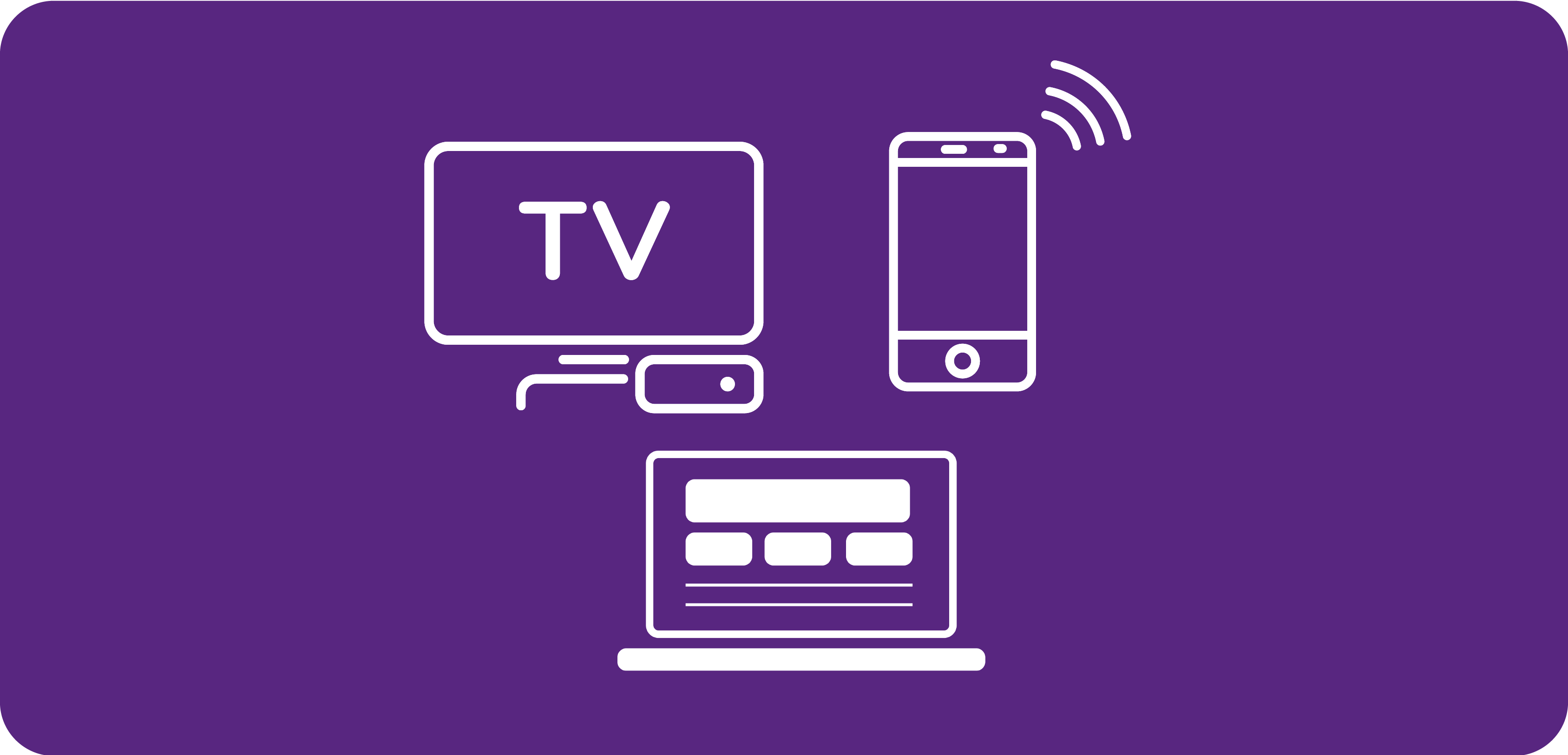 White TV, mobile and laptop icons on purple background